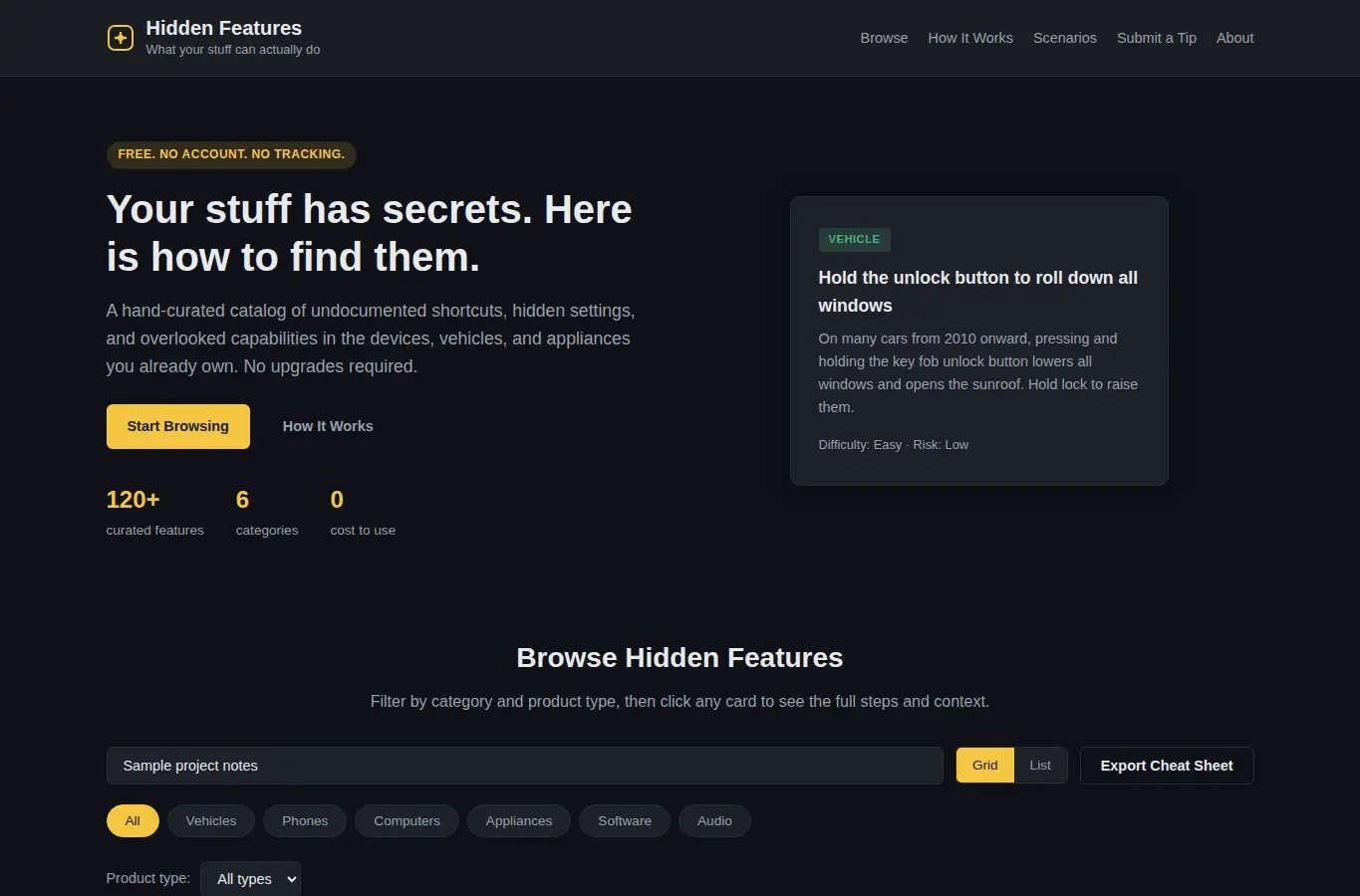 Screenshot of Hidden Features of What You Own interface showing the project page in use
